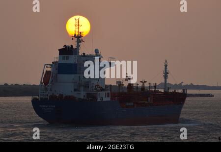 16/08/2021 Gravesend UK der Morgen dämmert über der geschäftigen Themse in der Nähe von Gravesend in Kent. Image shoes Murray Star ein Chemietanker auf dem Weg nach t Stockfoto