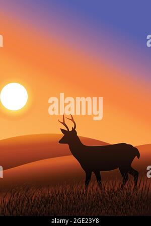 Hirsch Silhouette auf Sonnenuntergang Hintergrund. Schöner Sonnenuntergang Hintergrund mit Hirsch Silhouette. Hirsch oder Rentier im Wald. Stock Vektor
