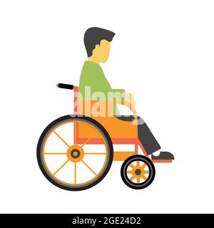 Der Mann sitzt in einem Rollstuhl auf weißem Hintergrund. Vektor für körperlich behinderte oder behinderte Personen. Stock Vektor