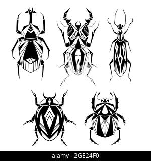 Set von geometrischen monochromen Insekten mit Poly-Dekorationen. Vektor schwarze Silhouette von geometrischen Hirschkäfer, fliegende Ameise, Marienkäfer, Bettwanzen im Retro-CO Stock Vektor