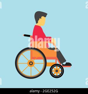 Der Mann sitzt in einem Rollstuhl auf weißem Hintergrund. Vektor für körperlich behinderte oder behinderte Personen. Stock Vektor