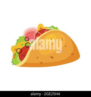 Taco mit Tomaten, Avocado, kühl und Zwiebeln Vektor isoliert auf weiß. Leckere und frische Fast-Food-Artikel. Stock Vektor