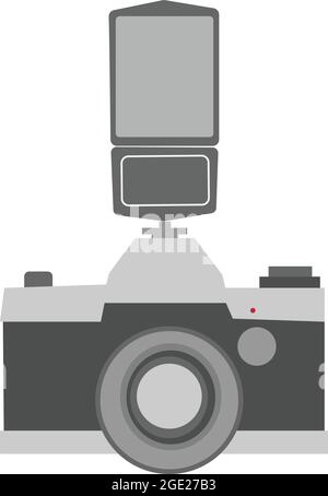 Retro-Kamera in flacher Optik auf weißem Hintergrund. Ausrüstung des Fotografen. Vintage Fotokamera mit Blitzvektor isoliert. Stock Vektor