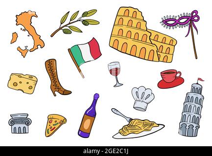 italien Doodle handgezeichnete Set-Kollektionen mit flacher Kontur Stil Vektor-Illustration Stockfoto