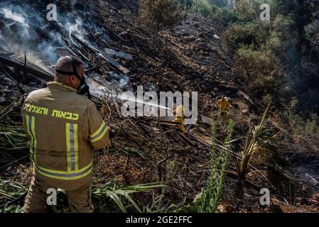 Jerusalem, Israel. August 2021. Feuerwehrleute arbeiten daran, einen großen Waldbrand vor den Toren Jerusalems zu löschen. Die israelische Polizei sagte auf Twitter, dass in mehreren von den Flammen betroffenen Dörfern Evakuierungen begonnen hätten und Straßen blockiert würden. Quelle: Ilia Yefimovich/dpa/Alamy Live News Stockfoto