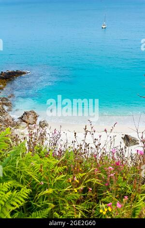 Herm, Kanalinseln, Großbritannien - 30. Juni 2016: Segelboot vor Anker auf dem türkisfarbenen Meer am schönen und leeren Belvoir Bay Strand im Sommer. Stockfoto