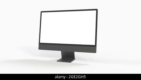 3D-Rendering eines Monitors mit Copyspace auf dem weißen Bildschirm, isoliert auf einem weißen Hintergrund Stockfoto