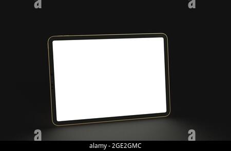 3D-Rendering eines Laptops mit Copyspace auf dem weißen Bildschirm, isoliert auf schwarzem Hintergrund Stockfoto