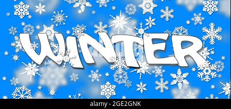 WINTER-Schriftzug im weihnachts-Design mit weißen Schneeflocken und Eissternen auf hellblauem Hintergrund - 3D-Illustration Stockfoto