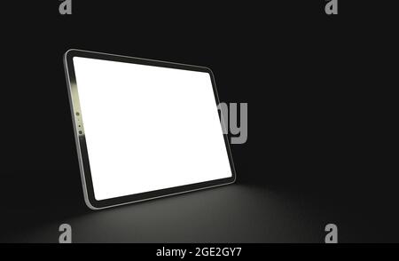 3D-Rendering eines Laptops mit Copyspace auf dem weißen Bildschirm, isoliert auf schwarzem Hintergrund Stockfoto