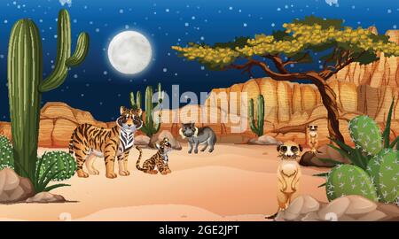 Tiere leben in Wüstenwaldlandschaft bei Nacht Szene Illustration Stock Vektor