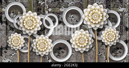 3D Tapete Hintergrund, qualitativ hochwertige Rendering dekorative Wandbild Tapete Illustration, 3D Goldene Blume Wohnzimmer Tapete. Stockfoto