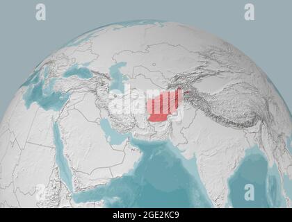 Karte Afghanistans auf einer Planisphere, Bergreliefs und Meeresbathymetrie. Physische Grenzen der Nation, Satellitenansicht. Globus Stockfoto