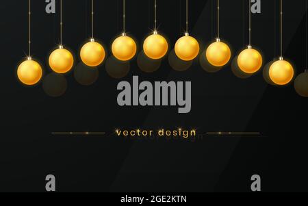 Goldenes Weihnachtsspielzeug auf dunklem Glashintergrund. Festliche Weihnachten Hintergrund. Vektorgrafik. Stock Vektor