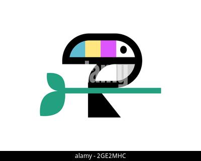 Geometrischer Tukan-Vogel. Abstrakter exotischer Vogel mit großem Schnabel. Vogel auf einem Ast. Logo „Tropical Wildlife“. Kreatives farbenfrohes Design mit schwarzem Umriss. Stock Vektor