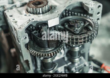 Nahaufnahme der Kette und der Gänge eines Automotors. Reparatur des Automotors Stockfoto