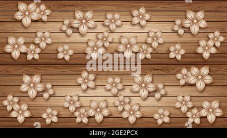 3D Tapete Hintergrund, Hochwertige Blume mit Holz Rendering dekorative Wandbild Tapete Illustration, 3D Blume Wohnzimmer Tapete. Stockfoto