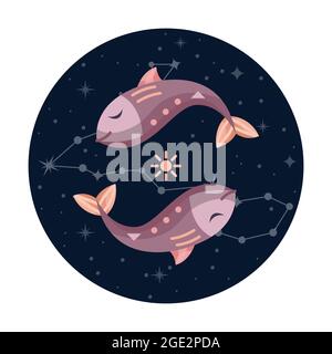 Flache Vektordarstellung des tierkreiszeichens fische mit Sternen und Sternbild Stock Vektor