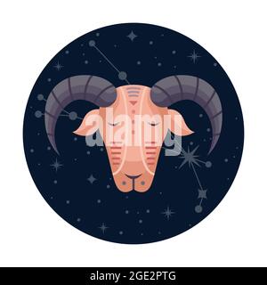 Flache Vektordarstellung des widder Tierkreiszeichens mit Sternen und Sternbild Stock Vektor