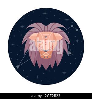 Flache Vektordarstellung des sternzeichens löwe mit Sternen und Sternbild Stock Vektor