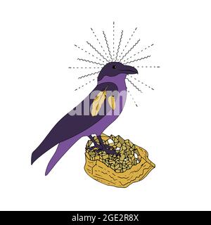 Vintage Mystic Crow sitzt auf goldenem Erz oder Stein bunte Illustration Stock Vektor