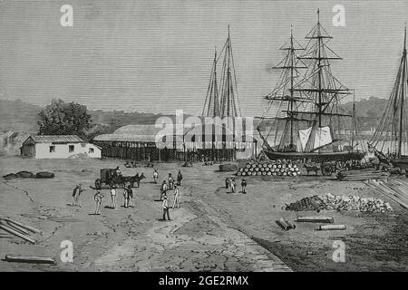 Hispaniola (La Española). Santo Domingo. La Enramada Dock und Zoll. Gravur. La Illustración Española y Americana, 1882. Stockfoto