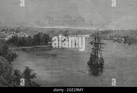 Hispaniola (La Española). Santo Domingo. Panoramablick auf den Ozama River von der Nähe des Leuchtturms bis zur Brücke. Gravur von Rico. La Ilustración Española y Americana, 1882. Stockfoto