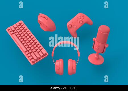 Fliegende monochrome Gamer-Getriebe wie Maus, Tastatur, Joystick, Headset, VR-Headset. Mikrofon auf blauem und rosa Tischhintergrund. 3d-Rendering von ACES Stockfoto