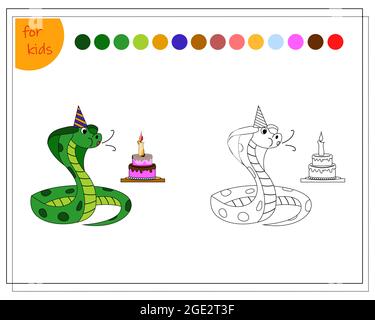 Malbuch für Kinder, niedliche Cartoon-Schlange bläst die Kerze auf dem Kuchen, Geburtstag. vektor isoliert auf einem weißen Hintergrund Stock Vektor