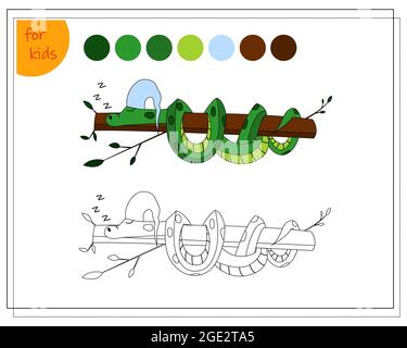 Malbuch für Kinder, schläft eine niedliche Cartoon-Schlange auf einem Baum. vektor isoliert auf einem weißen Hintergrund Stock Vektor