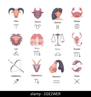 Flacher Vektor astrologischer Satz mit Tierkreiszeichen Stock Vektor