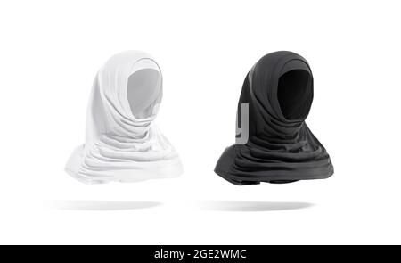 Blanke schwarz-weiße weibliche al-amira-Nachahmung, Halbdrehansicht, 3d-Rendering. Leerer Stoff Prinzessin Burka für Frauen Gesicht aufgemottet, isoliert. Klare isla Stockfoto