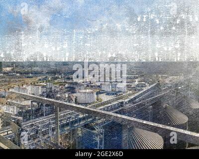 Getreide- und Ölterminals eines modernen Handelshafens. Silos zur Lagerung von Getreide. Tanks für Öl und Kraftstoff. Logistik und Handel. Industrieller Hintergrund. Stockfoto