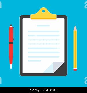 Zwischenablage mit Text darauf, Papierblätter, Stift und Bleistift isoliert auf hellblauem Hintergrund Vektorgrafik Stock Vektor