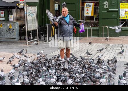 Cork, Irland. August 2021. Frank O'Flaherty aus Gurranabraher fütterte die Tauben auf dem Daunts Square im Stadtzentrum von Cork. Quelle: AG News/Alamy Live News Stockfoto