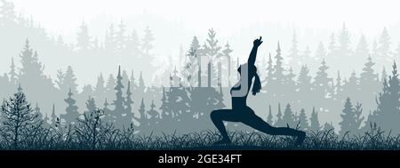 Horizontales Banner. Silhouette des Mädchens, das Yoga auf der Wiese im Wald praktiziert. Begrüßung der Yoga-Sonne. Gesunde Lebensweise, Bäume, Gras. Magisch unschön Stock Vektor