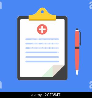 Klemmbrett mit weißem Kreuz medizinisches Schild, Text und Stift Stock Vektor