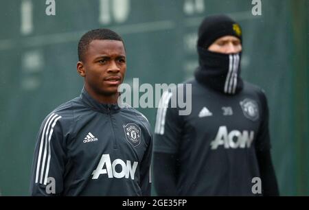 Aktenfoto vom 06-11-2019 von Ethan Laird aus Manchester United während der Trainingseinheit im AON Training Complex, Manchester. Ausgabedatum: Montag, 16. August 2021. Stockfoto