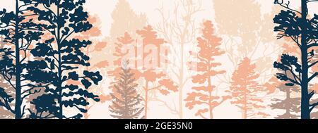 Horizontales Banner von Wald Hintergrund, Silhouetten von Bäumen. Magische neblige Landschaft, Nebel. Rosa und orange Illustration. Lesezeichen. Stock Vektor