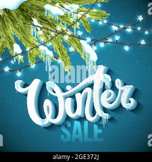 Winter-Verkaufsposter mit realistischem Tannenbaum, Eiszapfen und weihnachtlichen funkelnden Lichtern. Vektorgrafik. Stock Vektor