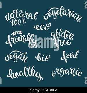 Set mit veganen Schriftzügen. Symbole für gesunde Lebensmittel. Vektorgrafik. Stock Vektor