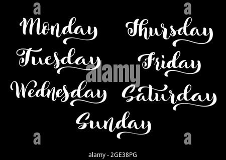 Große kalligraphische Set Tage der Woche. Montag, Dienstag, Mittwoch, Donnerstag, Freitag, Samstag und Sonntag handgezeichnete Schriftzüge für Kalender. Vektorgrafik. Stock Vektor