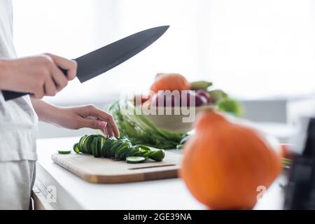 Teilansicht einer Frau mit einem Messer in der Nähe einer geschnittenen Gurke auf einem Schneidebrett und einem Kürbis im unscharfen Vordergrund Stockfoto