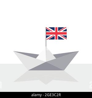 Origami-Papierschiff mit Spiegelung und UK-Flagge. Vektorgrafik flach. Stock Vektor