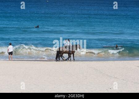 Sydney, Australien. Montag, 16. August 2021. Die berittene Polizei patrouilliert am Bondi Beach, da die COVID-19-Beschränkungen in ganz New South Wales verschärft wurden. Ab Montag, dem 16. August, um Mitternacht wurde die 10-km-Reiseregel auf 5 km reduziert. Das bedeutet, dass die Bewohner nur 5 km von ihrem Haus entfernt zum Sport treiben oder einkaufen gehen können. Quelle: Paul Lovelace/Alamy Live News Stockfoto