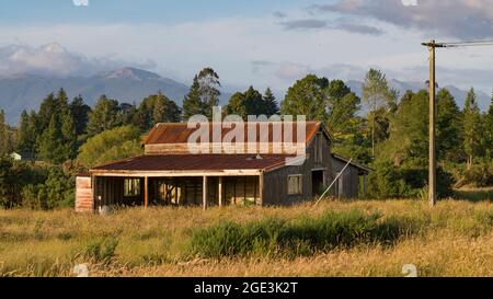 Verlassene Scheune auf einem Feld, Totara Flats, Gray County, Südinsel, Neuseeland Stockfoto