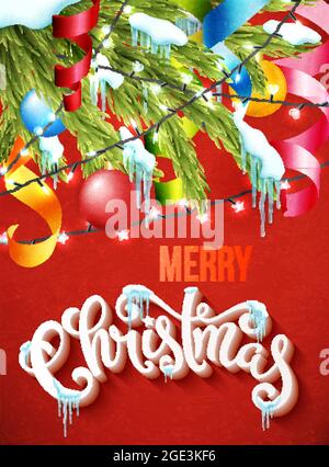 Fröhliches Weihnachtsplakat mit handgezeichneter Schrift und weihnachtsbeleuchtung, Vektorgrafiken Stock Vektor