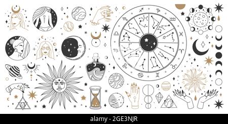 Mystische Astrologie, Boho-himmlische und magische okkulte Elemente. Sakraler mystischer Mond, Sonne, Stern, Sternzeichen und Sternbild-Vektor gesetzt. Mystische und esoterische Elemente für die Astrologie Stock Vektor