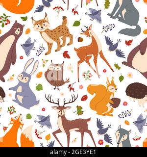 Waldtiere nahtlose Muster, niedliche Waldtiere. Flache Cartoon Fuchs, Bär, Kaninchen, Hirsch, Igel Zeichen für Kinder Vektordruck. Holzfauna Kreaturen für Tapeten, Textilien Stock Vektor