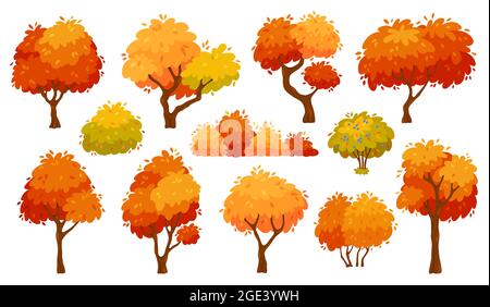 Cartoon Herbstbäume und Sträucher, gelber Waldbaum. Naturpflanzen mit rotem Laub und Blättern. Herbstsaison Bäume für Park oder Garten Vektor-Set. Ökologische Elemente, Umweltelemente Stock Vektor